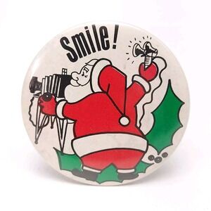 Vintage Picture With Santa Clause Photo Christmas Pinback Button Retro 70's 80's